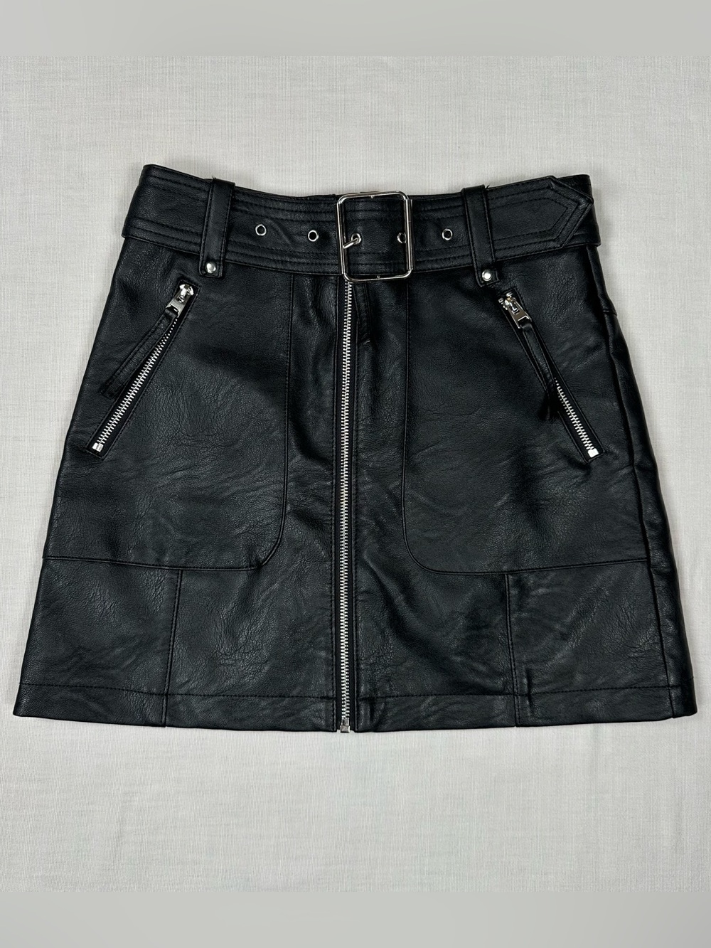 NWT Topshop Faux Leather Mini Skirt Size 4P Petite Belted Front Zipper Chic Edgy